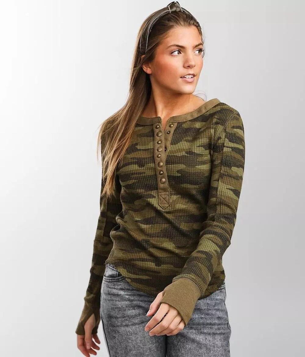 Free People Everest Henley Camo Thermal Long Sleeve Top - Size Small